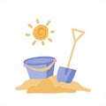 Sand bucket and shovel. Vector illustration of children s recreation and entertainment. Vacation at the beach. Flat style Royalty Free Stock Photo