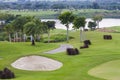 Sand bunker at the beautiful golf course. Royalty Free Stock Photo