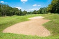 Sand bunker green grass and blue sky in golf club