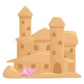 Sand castle beach childish building with towers and seashell vector flat sandy summer construction Royalty Free Stock Photo