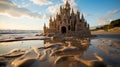 A sand castle on a beach. Generative AI.