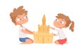 Sand castle. Boy girl build home on beach. Cartoon children playing on vacation, flat cute kids vector characters Royalty Free Stock Photo