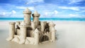 Sand castle built on the sands of a beach. 3D illustration