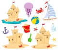 Sandcastle beach icons set  with decorative elements in cartoon style.Marine theme. Vector isolates on a white background. Royalty Free Stock Photo