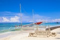 Sand castle and a sail boat on White Beach, Boracay Island, Philippines Royalty Free Stock Photo