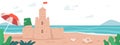 Sand Castle on Sea Beach with Plastic Kids Bucket, Umbrella and Seashells. Summer Travel, Vacation, Sandcastle on Ocean