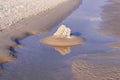 Sand castle on shallow sea water with reflections by morning sunlight. Abstract, surreal beach background. Magic sunrise lights on Royalty Free Stock Photo