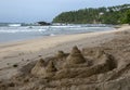 A sand castle sits on the beach at Mirissa in Sri Lanka.