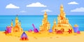 Sand castle summer beach vector illustration, cartoon landscape, sky, clouds, crab, ocean, bucket.