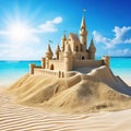 Sand castle with towers on the shore of the sandy beach blue