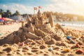 sand castle on white sand beach on a bright summer day