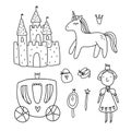 Cute collection kawaii set of princess, unicorn, castle and carriage