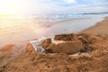 Sand castles on beach the sea Royalty Free Stock Photo