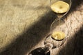 Sand clock , Hourglass as time passing on wooden background , Life time concept Royalty Free Stock Photo