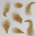 Sand cloud. Dry dust fog, desert sandy air explosion with particles. Brown dirty spray vector isolated textures