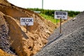 Sand and crushed stone tablets on the mountains of sand and crushed stone for the production of asphalt. Asphalt plant.