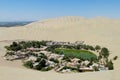 Sand desert dunes and green oasis with lake Royalty Free Stock Photo