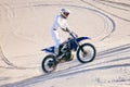 Sand, desert or man with motorcycle for action, adventure and fitness with performance. Adrenaline, extreme sports and Royalty Free Stock Photo