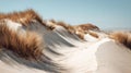 Sand dune landscape featuring marram grass, wind patterns, and a clear blue sky creating a tranquil coastal scene Royalty Free Stock Photo