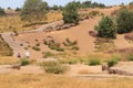 Sand dune landscape with vegetation and hikers Veluwe Netherlands 