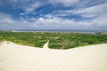 Sand dune leading to a road through a green field and the sea. Cloudy sky. Royalty Free Stock Photo