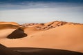 Sand dunes in desert landscape. Endless desert landscape of Erg Chebbi. Sahara desert with blue sky
