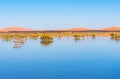 A sand dunes of Erg Chebbi and reflection on a lake. Landscape shot taken near town Merzouga, Sahara Desert, Morocco Royalty Free Stock Photo