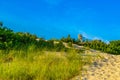Sand Dunes, giant armchair on the roof of the house and Grass of the Provincelands Cape Cod MA US. Royalty Free Stock Photo