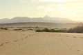 Sand dunes near Corralejo with volcano mountains on the background at sunset, Fuerteventura, Canary Islands