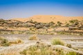 Sand dunes near Erfoud in Morocco with inhibitors of palm leaves using for eliminating sand moves Royalty Free Stock Photo