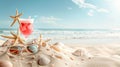 Sand dunes on seaside shells, sandals, sunglasses, cocktail, background, beach Royalty Free Stock Photo