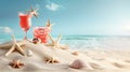 Sand dunes on seaside shells, sandals, sunglasses, cocktail, background, beach Royalty Free Stock Photo