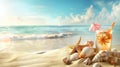 Sand dunes on seaside shells, sandals, sunglasses, cocktail, background, beach Royalty Free Stock Photo