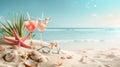 Sand dunes on seaside shells, sandals, sunglasses, cocktail, background, beach Royalty Free Stock Photo