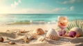 Sand dunes on seaside shells, sandals, sunglasses, cocktail, background, beach Royalty Free Stock Photo