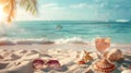 Sand dunes on seaside shells, sandals, sunglasses, cocktail, background, beach Royalty Free Stock Photo