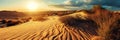 Sand dunes at sunset in the desert. Panoramic view. Generative AI. Royalty Free Stock Photo