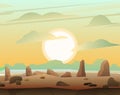 Sand empty view. Rocky landscape with stones. Cartoon fun style. Sunset or sunrise.Mountains in distance horizon. Flat