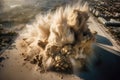 sand explosion captured from bird's-eye view, with the blast reaching high into the sky