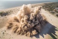 sand explosion captured from bird's-eye view, with the blast reaching high into the sky