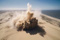 sand explosion captured from bird's-eye view, with the blast reaching high into the sky