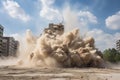 sand explosion during demolition of old building, with clouds of dust and debris flying Royalty Free Stock Photo
