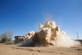 sand explosion during demolition of old building, with clouds of dust and debris flying Royalty Free Stock Photo