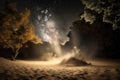 sand explosion in magical forest, with twinkling stars and moon above