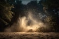 sand explosion in magical forest, with twinkling stars and moon above