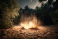 sand explosion in magical forest, with twinkling stars and moon above