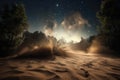 sand explosion in magical forest, with twinkling stars and moon above