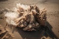 sand explosion seen from above, with sand and debris flying in every direction