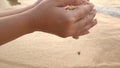 Sand falling from woman hands on the sunset beach.
