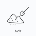 Sand flat line icon. Vector outline illustration of sandpit and shovel. Black thin linear pictogram for earthwork tool